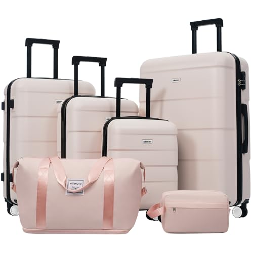 Merax Luggage Sets,6 Piece Carry on Suitcase with Travel Bags,Hardcase Suitcase Set with Double Spinner Wheels,16/20/24/28 IN Luggage Airline Approved,Light Pink - color: Light Pink, size: 6-Piece Set(16/20/24/28)+DB+TB