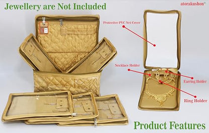 atorakushon Set of 5 Satin Makeup Pouches Cosmetic Necklace Earrings Vanity Jewellery Organizer For Women's (Golden) - color: Gold