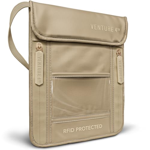 VENTURE 4TH Neck Wallet for Women & Men – RFID Blocking Passport Holder for Travel, Hidden Neck Pouch with 6 Compartments, Slim Lightweight Travel Organizer with Adjustable Strap (Sleek Beige) - color: Sleek Beige