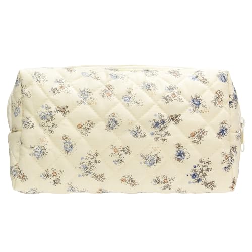PAZIMIIK Vintage Quilted Makeup Bag Cosmetic Pouch for Brushes Pencils and Travel Make Up Accessories for Women and Girls Floral Blue - color: Floral Blue, size: 1PCS