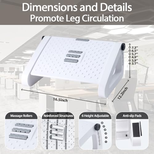 CasaZenith Foot Rest, Six Heights Adjustable Foot Rest for Under Desk at Work, Ergonomic Foots Stool for Under Office Desks, Under Desk Footrest with Foot Massage Roller, Chair Footrest - White - color: White