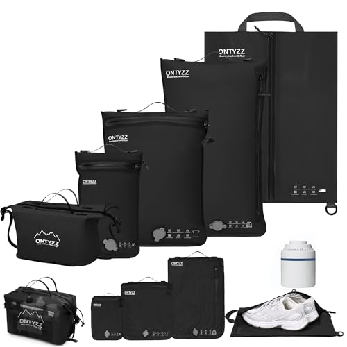 ONTYZZ Vacuum Bags for Travel, Professional Reusable Organizer Bag with IPX8 Waterproof Zipper, Durable Seal Space Saver and ShoseBags for Traveling Essentials, Black (5 Set With Pump) - color: Black, size: 5 Set,with Pump