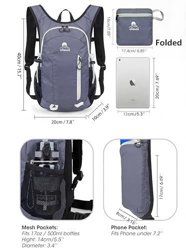 Foldable Small Hiking Backpack with 3 Strap Pockets – Lightweight 300D Spill-proof Daypack for Men Women – Packable Small Travel Backpack with Chest Strap & Trekking Pole Holder – Durable Outdoor Bag - color: Lightgray