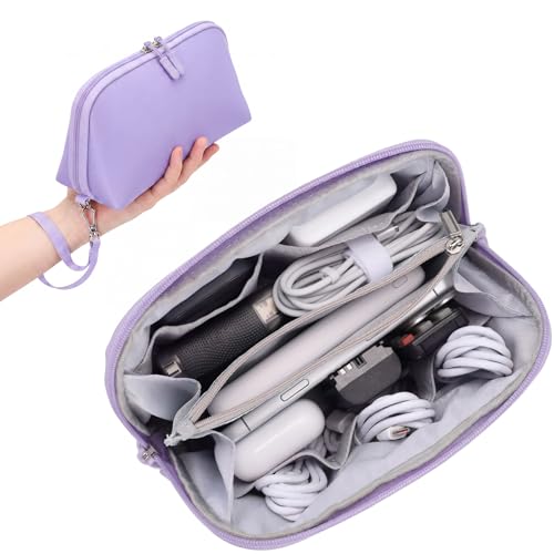 FYY Travel Cable Organizer - 8 Compartments Lightweight Water Resistant Tech Pouch with Wrist Strap, Electronic Accessories Case for Cord Charger Storage for Travel Home Office, Purple (Medium) - color: Purple, style: M