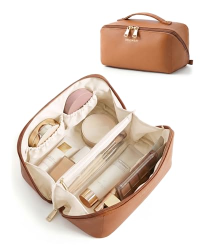 BAGSMART Makeup Bag Travel Cosmetic Bag, Large Make Up Bag Flat Open Toiletry Bag for Women, PU Leather Travel Essentials Organizer Case, Wide-open Pouch Purse for Skincare, Brushes, Classic Brown - color: 01- Classic Brown