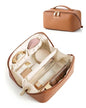 BAGSMART Makeup Bag Travel Cosmetic Bag, Large Make Up Bag Flat Open Toiletry Bag for Women, PU Leather Travel Essentials Organizer Case, Wide-open Pouch Purse for Skincare, Brushes, Classic Brown - color: 01- Classic Brown