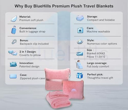 BlueHills Premium Soft Travel Blanket Pillow Airplane Blanket in Soft Bag case with Hand Luggage Belt and Carabiner Compact Pack Large Cozy Portable for Plane Car Train Transit Light Pink T020 - color: Pink-1pk-t020