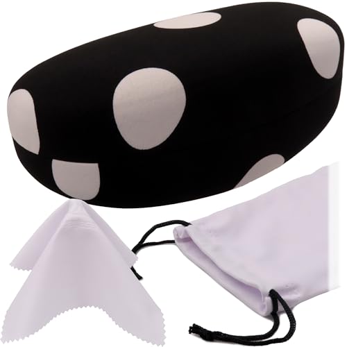 MyEyeglassCase® Large Hard Sunglasses Case | fits Large curved Sunglasses, with microfiber bag and cleaning cloth - color: Polka Dots Black / White