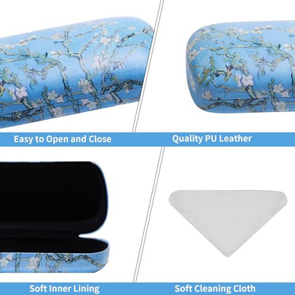 PERFECTSIGHT Sunglasses Case, Large Hard Shell Glasses Case, Cute PU Leather Protective Eyeglasses Case for Women Men - color: Blue Apricot Blossom