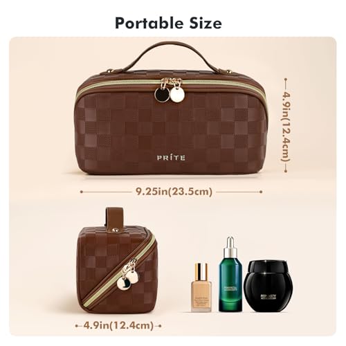 Prite Makeup Bag for Women Travel Waterproof Vegan Leather Cosmetic Bag Open Flat Toiletry Bag With Clear Divider and Handle (Plaid Brown, Medium) - color: Plaid Brown, size: Medium