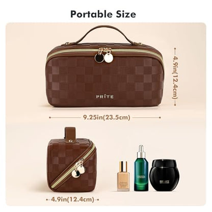 Prite Makeup Bag for Women Travel Waterproof Vegan Leather Cosmetic Bag Open Flat Toiletry Bag With Clear Divider and Handle (Plaid Brown, Medium) - color: Plaid Brown, size: Medium
