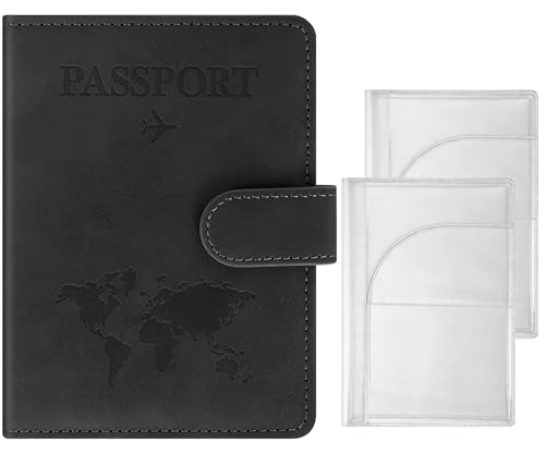 3-Pack Passport Holder Set,RFID Blocking PU Leather Travel Passport Wallet with Magnetic Button + 2 Clear PVC Passport Covers, Passport Book Holders for Men & Women (Black) - color: Black