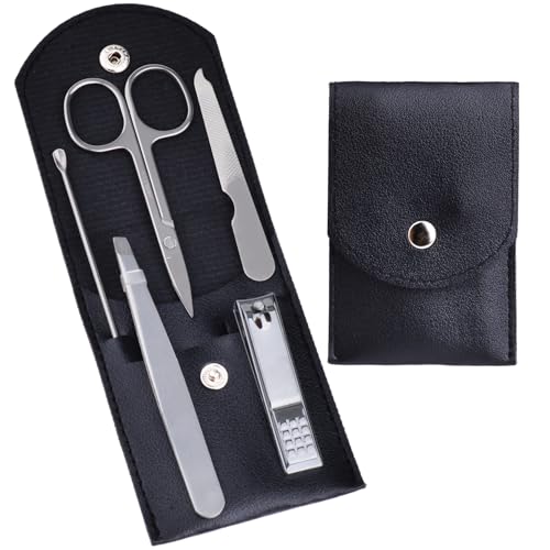 HANTEKAS Travel Manicure Set Professional Nail Clipper Kit-5 Pieces Stainless Steel Manicure Kit, Women Men Grooming kit With Nail Care Tools Beauty Scissors Tweezers (Silver Black) - color: Black