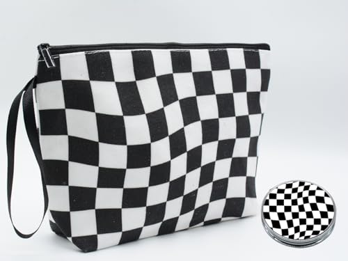 Black Checkered Gifts for Women – Unique Black Plaid Travel Makeup Bag Set with Mirror, Cosmetic Pouch Set for Checkered Lovers & Mom - color: Checkered Black-2S