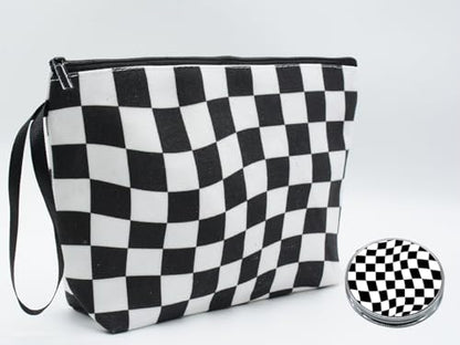 Black Checkered Gifts for Women – Unique Black Plaid Travel Makeup Bag Set with Mirror, Cosmetic Pouch Set for Checkered Lovers & Mom - color: Checkered Black-2S