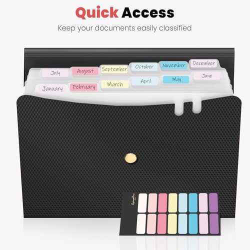 Sooez Expanding File Folder, 13 Pocket Accordion File Organizer, Monthly Expandable File Folder for Documents with Labels, Portable Bill Receipt Organizer for School Office Supplies, Letter A4 Size - color: Black