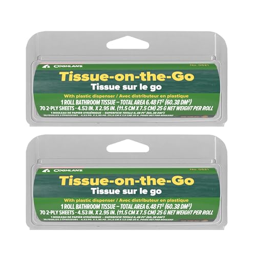Coghlan's Tissue on The Go - Compact Travel Pack with Dispenser for Camping, Hiking, Backpacking, and Outdoor Adventures, Portable and Convenient Tissue Essentials, 2-Pack