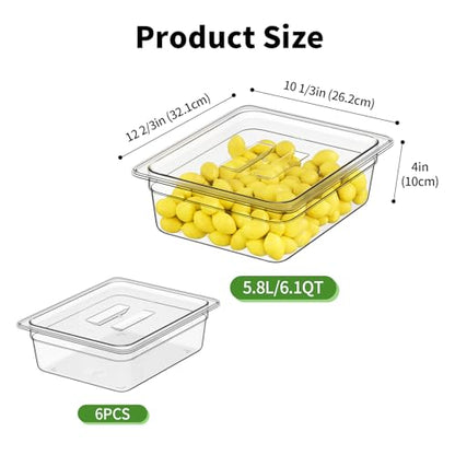 1/2 4'' 6 Pack Plastic Food Pans With Lids, Clear Food Pan, Commercial Stackable Polycarbonate Freezer-Safe for Fruits Vegetables Restaurant Kitchen - color: 1/2 4"6 Pack