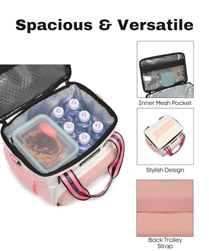 SUNNY BIRD 12L Large Insulated Lunch Bag, Leakproof and Foldable Lunch Cooler Box for Women Adult and Men, Fits 18 Cans (White and pink) - color: White and pink