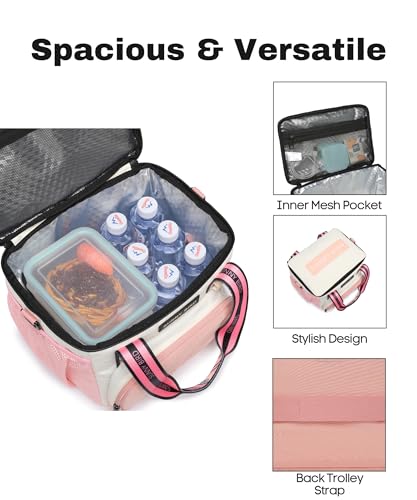 SUNNY BIRD 12L Large Insulated Lunch Bag, Leakproof and Foldable Lunch Cooler Box for Women Adult and Men, Fits 18 Cans (White and pink) - color: White and pink
