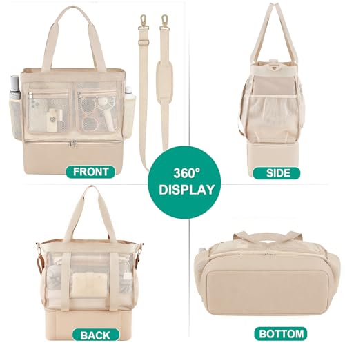 Beach Bags for Women, Large Beach Tote Bag Waterproof Mesh Swim Pool Bag with Cooler for Travel Vacation Essentials - color: Champagne