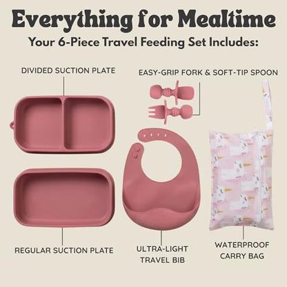 Baby Travel Essentials 6 Pc Silicone Feeding Set - Portable Toddler Plates with Suction, Baby Spoons & Foldable Bib in Carrying Case - BPA-Free Infant & Toddler Utensils for Airplanes & Eating Out - color: Dark Pink