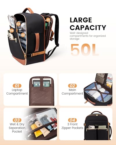LOVEVOOK Carry On Backpack, 50L Travel Backpack Women with 3 Packing Cubes, TSA Airline Approved Suitcase Bag as Personal Item, Waterproof 18 inch Laptop Backpack for Weekender Overnight,Black-Brown - color: Black-brown, size: 50L-18 Inch-4Pcs