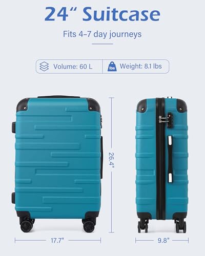 Coolife Hardside Checked Luggage with TSA Lock, Spinner Wheels, Telescopic Handle, Lightweight Suitcase (Grey, M(24in)) - color: Grey, size: Medium (24 In)