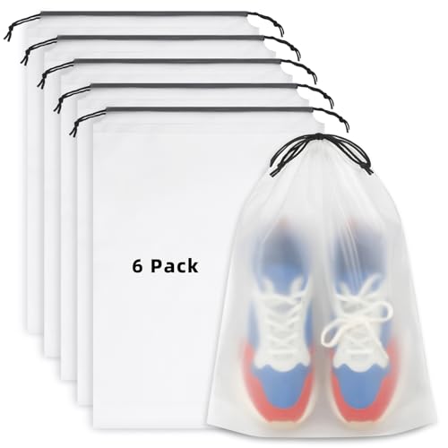 6 PCS Clear Shoe Bags for Travel, 11.8" x 15.7" Travel Shoe Bags for Storage and Packing, Waterproof Drawstring Shoe Bag for Traveling, Travel Essentials for Women and Men - color: Clear 6pcs