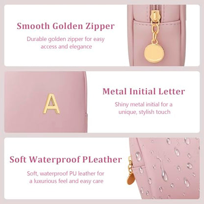 Personalized Birthday Gifts for Women - Initial Makeup Bag Set Travel Toiletry Bag Cosmetic Bags Soft Waterproof PU Leather Makeup Pouch Travel Essentials (A, 1pc Pink) - size: 1pc Pink, style: A