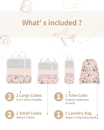 Narwey 6 Set Compression Packing Cubes for Travel Women Men, Travel Cubes for Carry On Suitcase, Durable Compression Luggage Organizer Bags - color: Y-Beige Flamingo