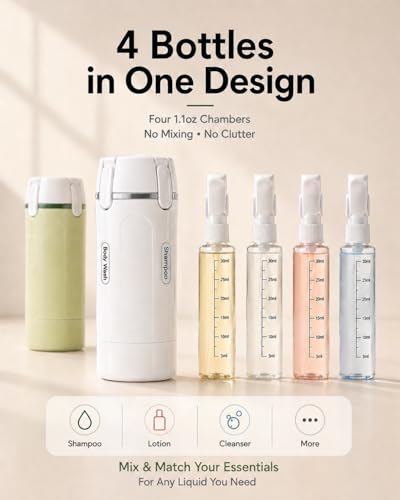 4 in 1 Travel Dispenser Bottle, TSA Approved Leak Proof Refillable Toiletry Containers for Shampoo, Conditioner, Lotion & Skincare – Easy Clean Travel Bottles for Gym, Business - color: White
