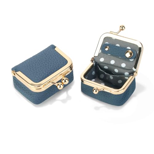 Genuine Leather Mini Jewelry Box Coin Purse for Women,Solid Color Kiss Lock Jewelry Case Organizer,Mini Travel Ring Box - color: Blue