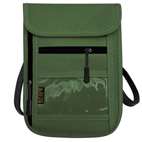 RFID Blocking Travel Neck Wallet Pouch and Passport Holder, Travel Neck Pouch Passport Holder for Women & Men - Army Green - color: 002Green