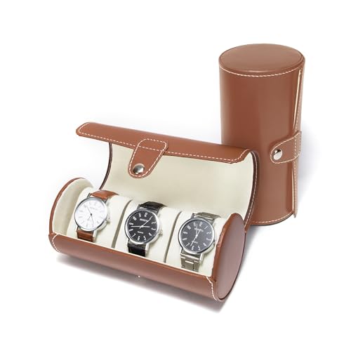 Watch Roll Travel Case – Faux Leather Storage for Men, 3-Slot Portable Holder with Soft Foam Pillows, Organizer Fits 60mm Watches (Brown) - color: Brown