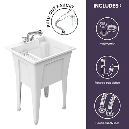 Freestanding Utility Sink with Two Handle Chrome Faucet - 24" Plastic Utility Sink for Garage, Laundry, Indoor and Oudoor Use - Laundry Tub Kit by Noah William Home - White (19.5 gal) - color: White - Two handle chrome faucet