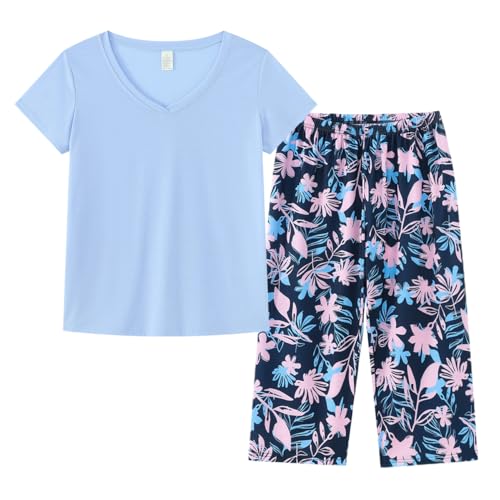 YIJIU Women Soft Comfy Pajamas Cute Cat Short Sleeve Capri Pants PJS Set - color: Blue Leaves, size: Small