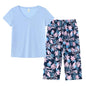 YIJIU Women Soft Comfy Pajamas Cute Cat Short Sleeve Capri Pants PJS Set - color: Blue Leaves, size: 4X-Large