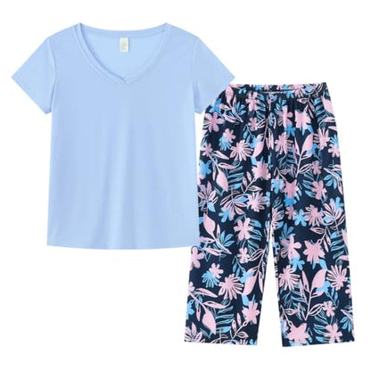 YIJIU Women Soft Comfy Pajamas Cute Cat Short Sleeve Capri Pants PJS Set - color: Blue Leaves, size: Medium