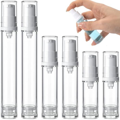 6pcs Airless Travel Pump Bottle, Clear Empty Refillable Vacuum Pump Bottle, 5ml 10ml 15ml Plastic Press Lotion Travel Container for DIY Cosmetic Foundation Toiletries - color: White