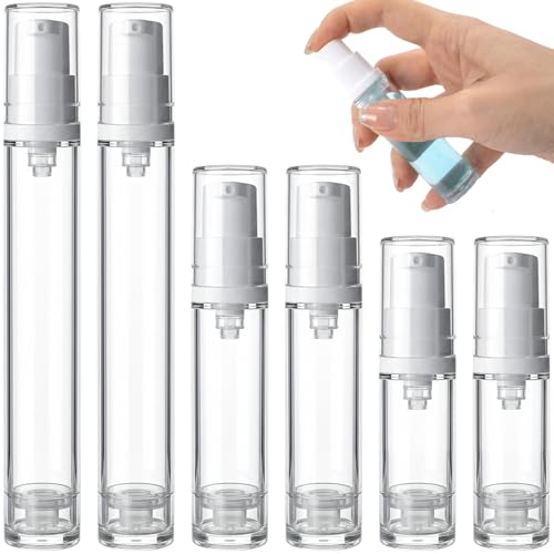 6pcs Airless Travel Pump Bottle, Clear Empty Refillable Vacuum Pump Bottle, 5ml 10ml 15ml Plastic Press Lotion Travel Container for DIY Cosmetic Foundation Toiletries - color: White