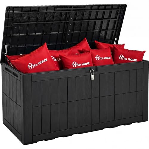YITAHOME 134 Gallon Large Deck Box, Waterproof Resin Outdoor Storage Box with Lock, Doubles as 2-Person Bench Seating for Patio Furniture Cushions,Garden Tools & Pool Accessories, Black - color: Black, size: 134 Gallon