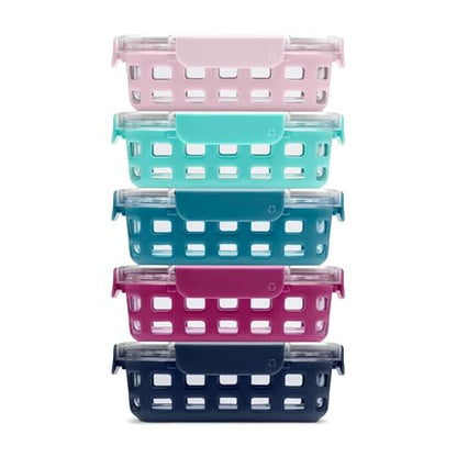 Ello Duraglass 3.4 Cup Meal Prep Sets 10Pc, 5 Pack Set- Glass Food Storage Container with Silicone Sleeve and Airtight BPA-Free Plastic Lids, Dishwasher, Microwave, and Freezer Safe, Evening Orchard - color: Evening Orchard