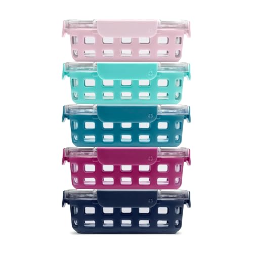 Ello Duraglass 3.4 Cup Meal Prep Sets 10Pc, 5 Pack Set- Glass Food Storage Container with Silicone Sleeve and Airtight BPA-Free Plastic Lids, Dishwasher, Microwave, and Freezer Safe, Evening Orchard - color: Evening Orchard