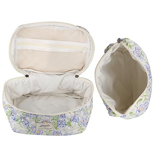 NATINSA Cute Makeup Bag for Women(2 Pcs), Travel Cosmetic Bags, Quilted Coquette Aesthetic Floral Toiletry Organizer Bag (Blue Flower) - color: Blue Flower