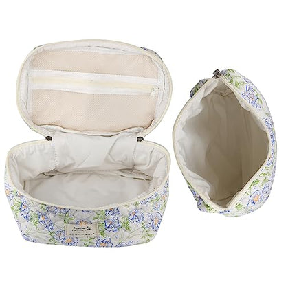 NATINSA Cute Makeup Bag for Women(2 Pcs), Travel Cosmetic Bags, Quilted Coquette Aesthetic Floral Toiletry Organizer Bag (Blue Flower) - color: Blue Flower