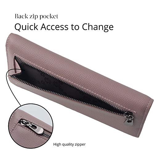Bveyzi Ultra Slim Thin Leather RFID Blocking Credit Card Holder Bifold Clutch Wallets for Women - color: Dark Pink