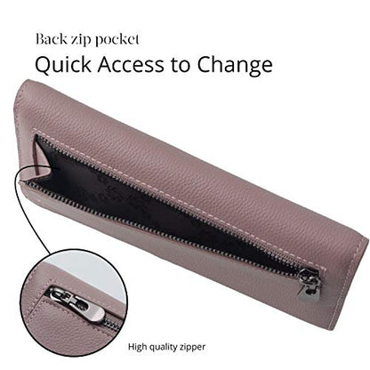 Bveyzi Ultra Slim Thin Leather RFID Blocking Credit Card Holder Bifold Clutch Wallets for Women - color: Dark Pink