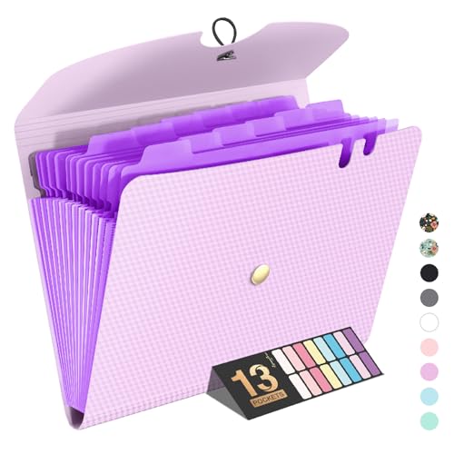Sooez Expanding File Folder, 13 Pocket Accordion File Organizer, Monthly Expandable File Folder for Documents with Labels, Portable Bill Receipt Organizer for School Office Supplies, Letter A4 Size - color: Purple