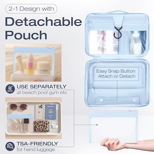 KAZAY Hanging Toiletry Bag with TSA Approved Detachable Pouch, Compact Travel Size Bag, Travel Toiletry Bag, Water Resistant, Premium Nylon, Travel Size Toiletries, Cosmetic Makeup Bag (Light Blue) - color: Light Blue
